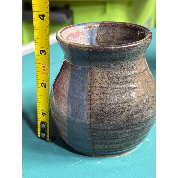 VTG Stoneware Vase With Blues Pink Natural Glaze Handcrafted Signed - Picture 6 of 7